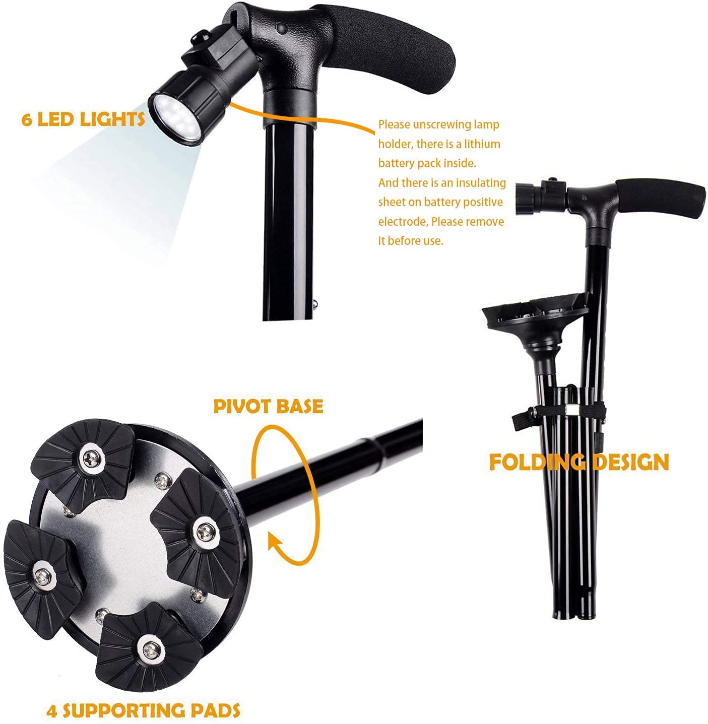Portable Folding Walking Stick with Led Light & Aluminium Handle For Adults