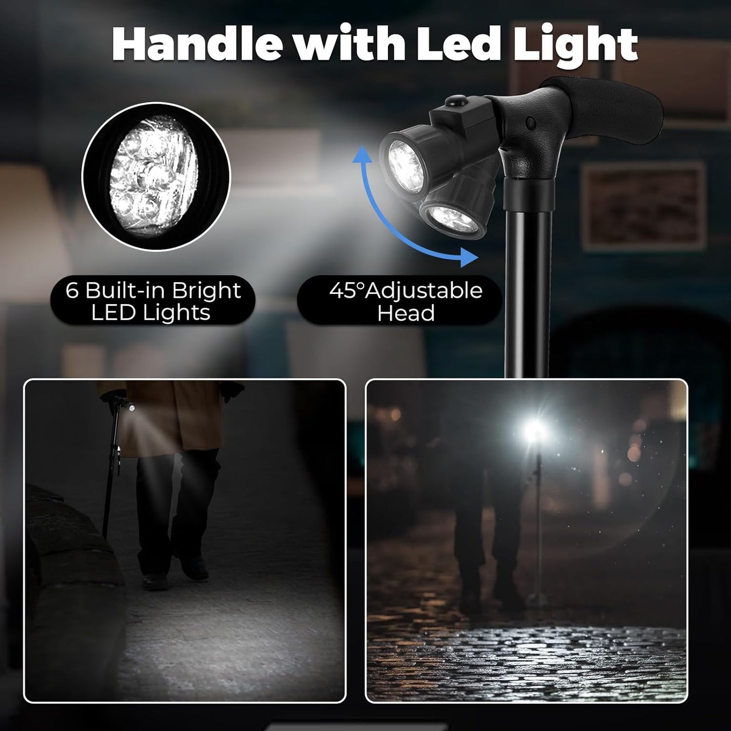 Portable Folding Walking Stick with Led Light & Aluminium Handle For Adults