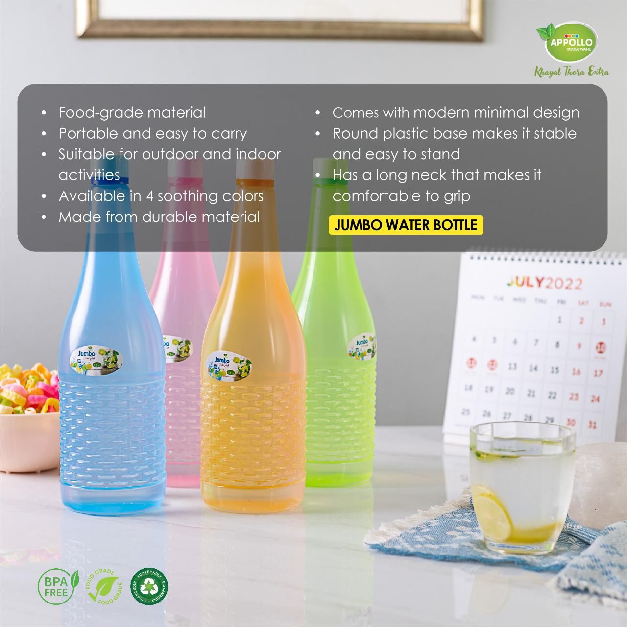 Pack Of 4 Plastic Jumbo Water Bottles (random color) 1.2 Ltr Each