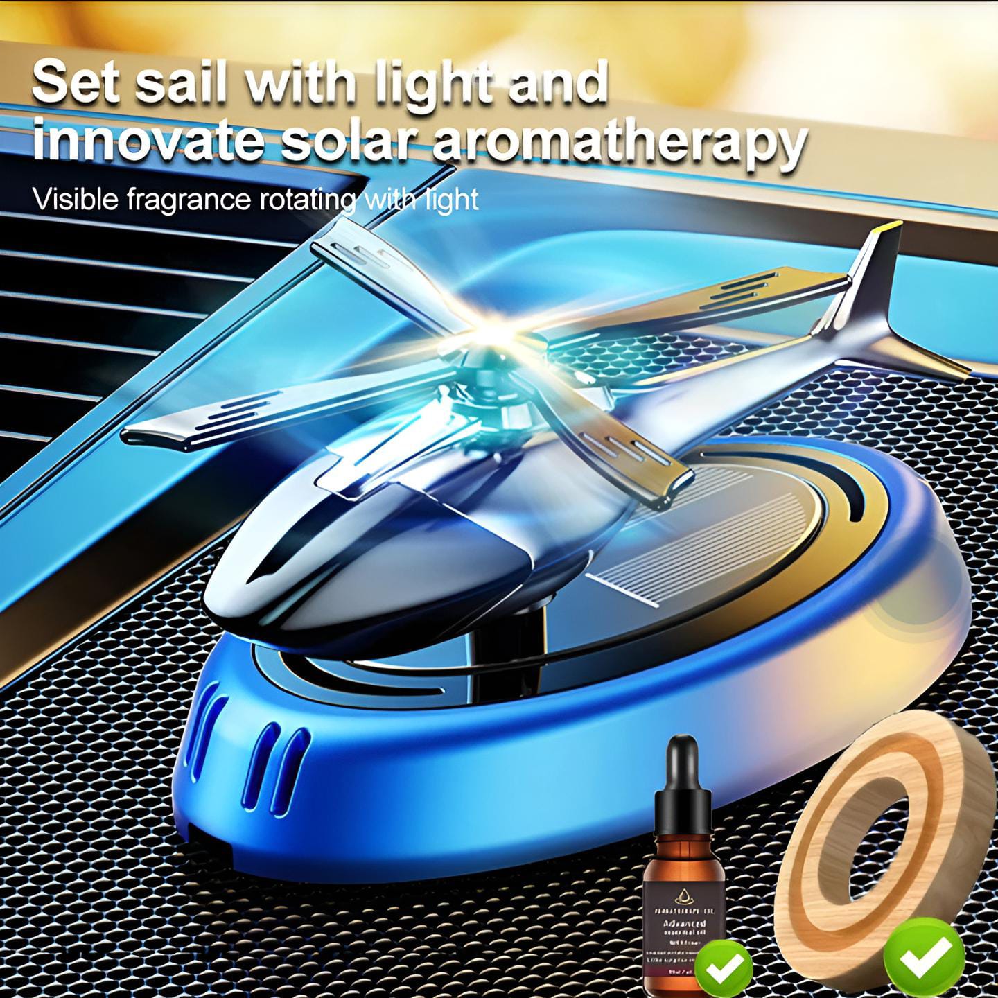 Solar Powered Rotating Helicopter Car Aromatherapy Air Freshener Alloy ABS Wood Fragrance