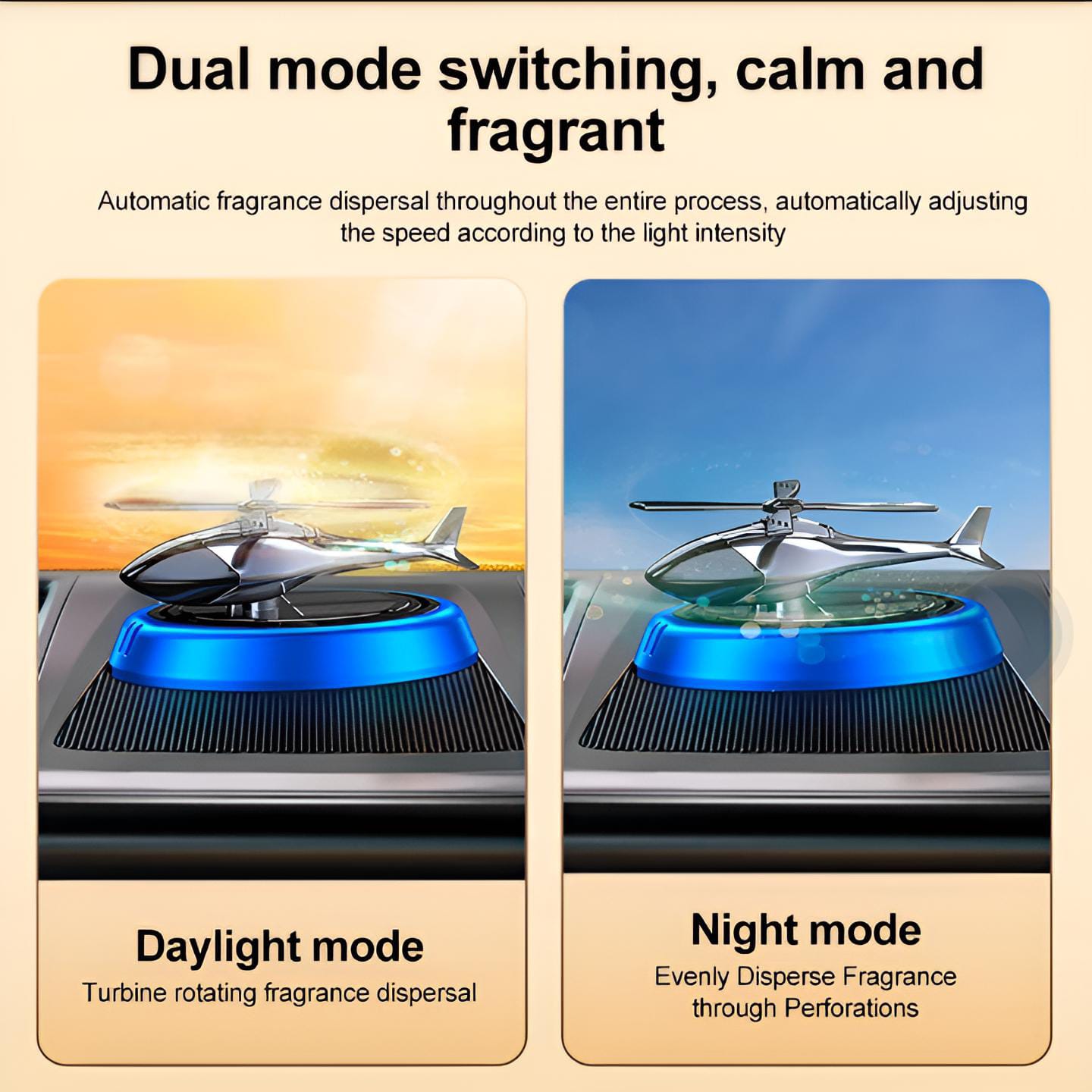 Solar Powered Rotating Helicopter Car Aromatherapy Air Freshener Alloy ABS Wood Fragrance