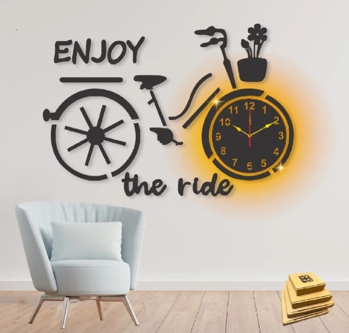 enjoy the ride bicycle style Wooden Clock with light 3d wall