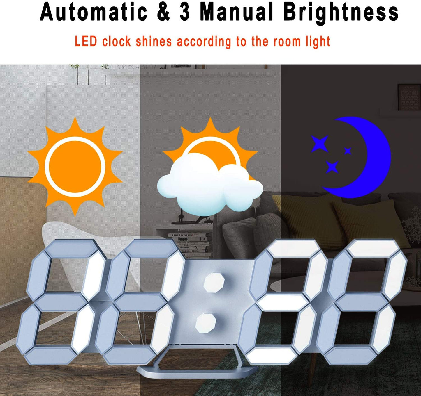 White 3D Led Digital Clock, Desk Alarm Clock | Home Decoration Wall