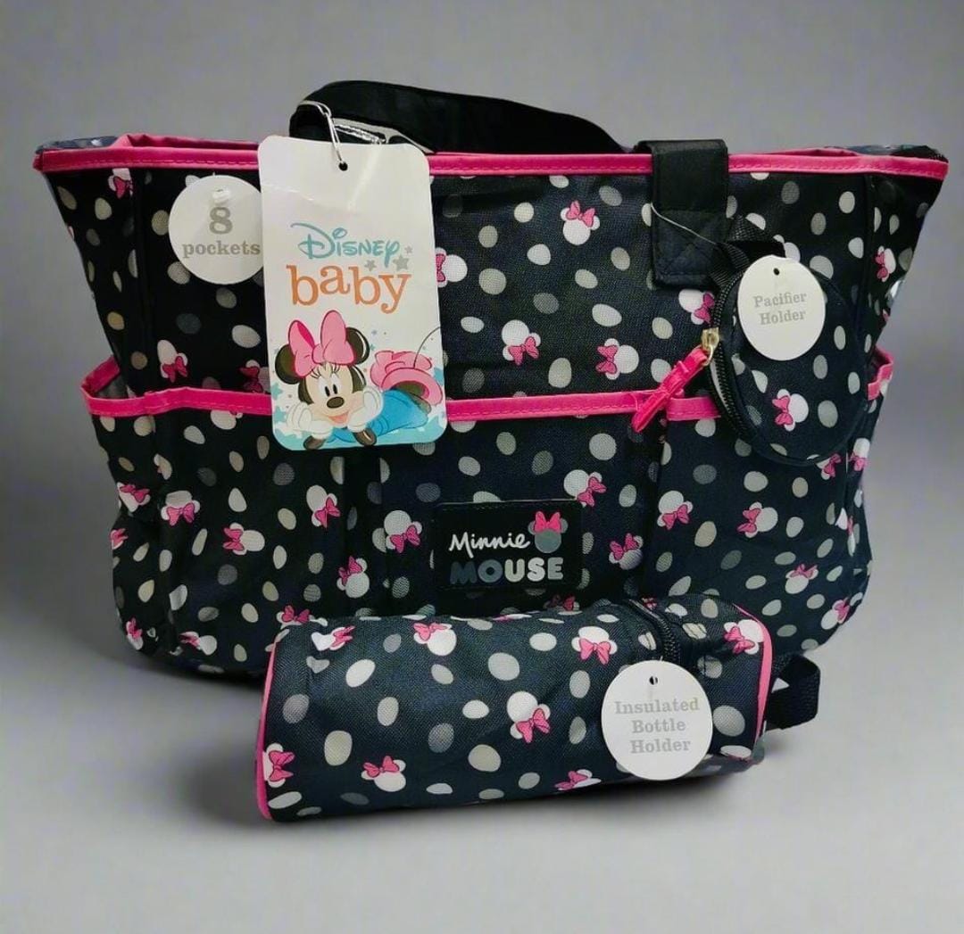 Stylish Disney Minnie Mouse Diaper Bag Set with Changing Pad & Bottle
