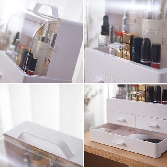 Makeup Organizer Modern Cosmetic White Storage Box | Portable Handle Fully Open