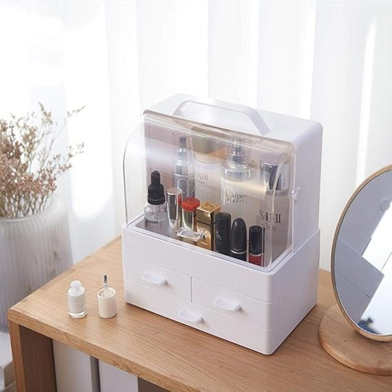 Makeup Organizer Modern Cosmetic White Storage Box | Portable Handle Fully Open