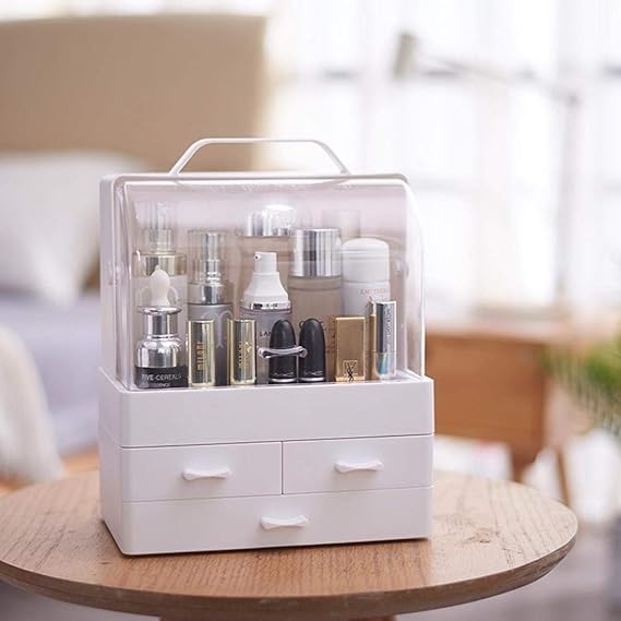 Makeup Organizer Modern Cosmetic White Storage Box | Portable Handle Fully Open