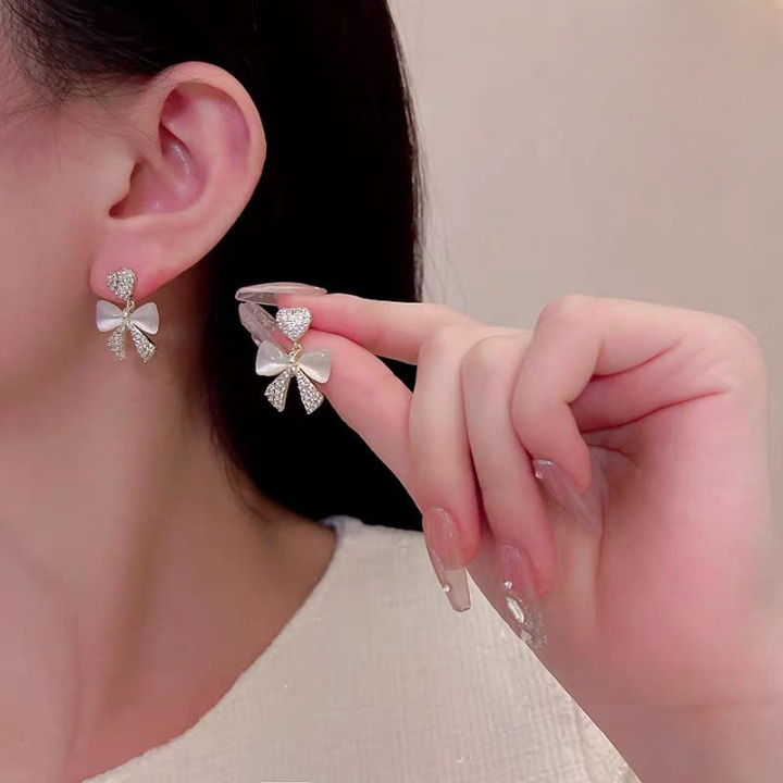 Heart Bow Zircon Korean Earring for Women(Golden)