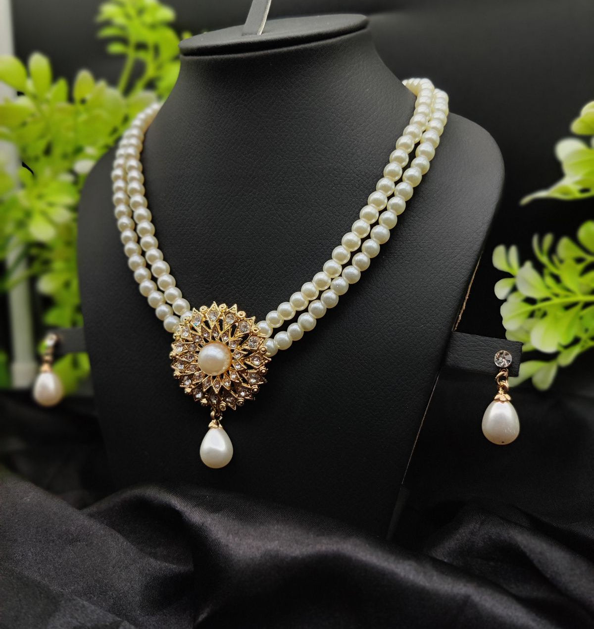 Imported Radiant Double-Layered Pearl Necklace with Golden Sunburst Pendant | Girls &