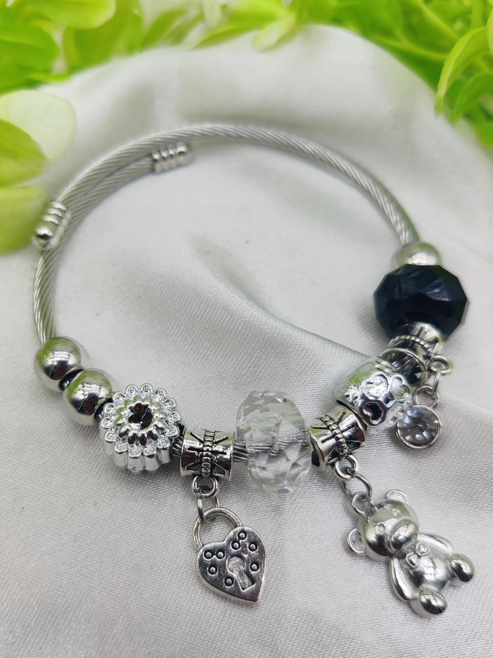 1 Piece Imported Pandora-Inspired Silver Charm Bracelet Heart & Teddy Accents