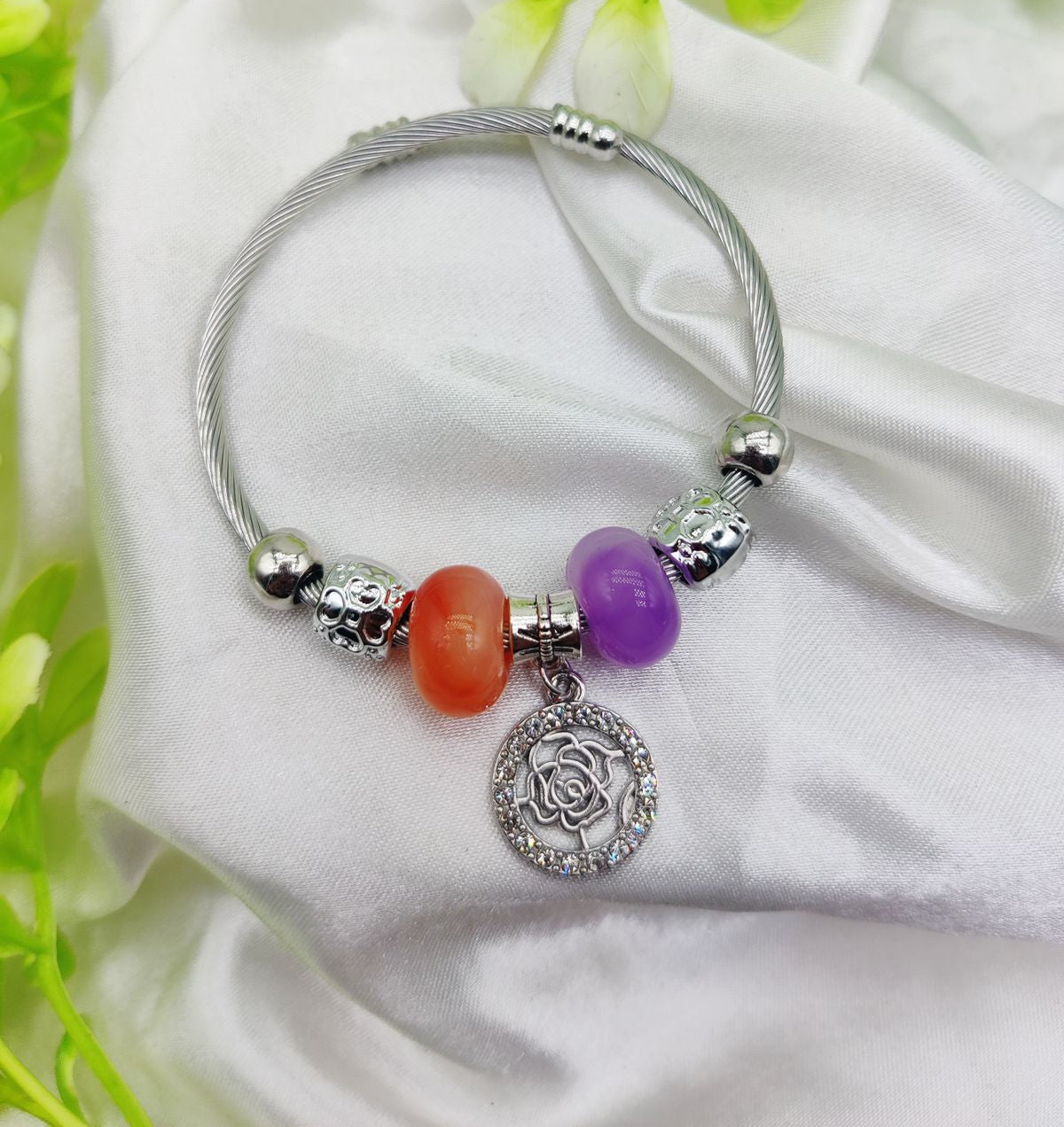 1 Piece Imported Elegant Pandora Bracelet with Rose Charm and Beaded Accents