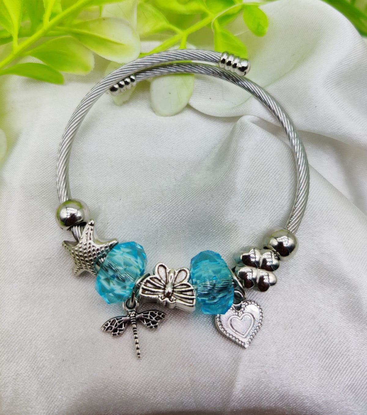 Imported Elegant Pandora-Inspired Silver Charm Bracelet with Ocean Blue Beads & Delicate