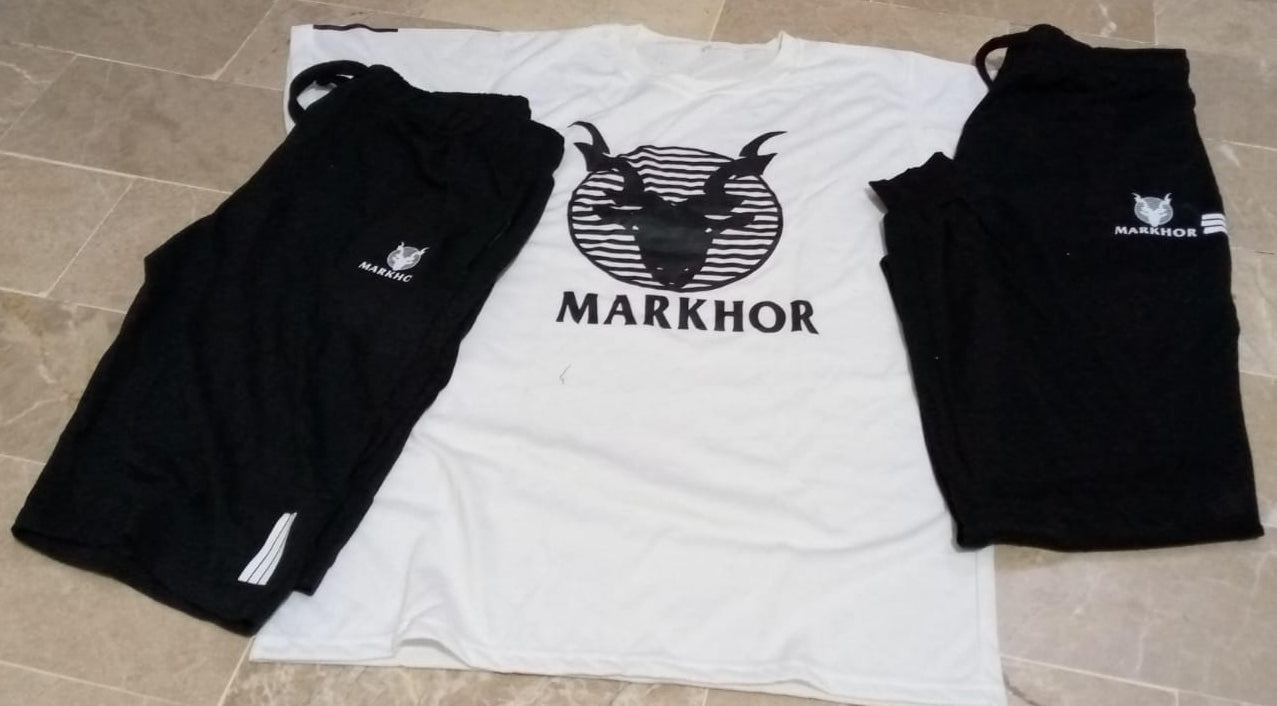 3 Piece Markhor Printed White & Black Summer Tracksuit Markhor Printed Tracksuit