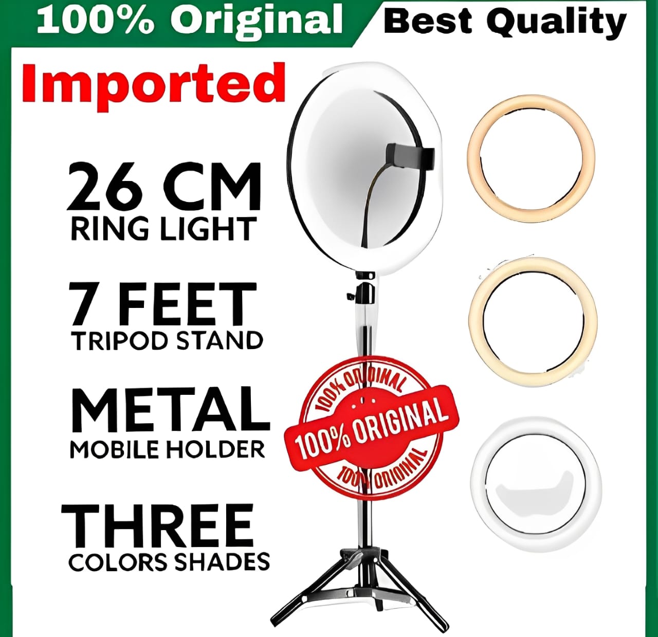 26CM LED Ring Light with Mobile Holder, 7ft Tripod Stand, 3 Light
