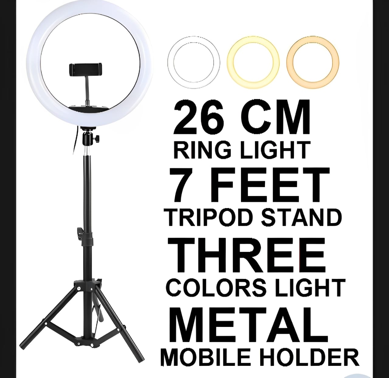 26CM LED Ring Light with Mobile Holder, 7ft Tripod Stand, 3 Light