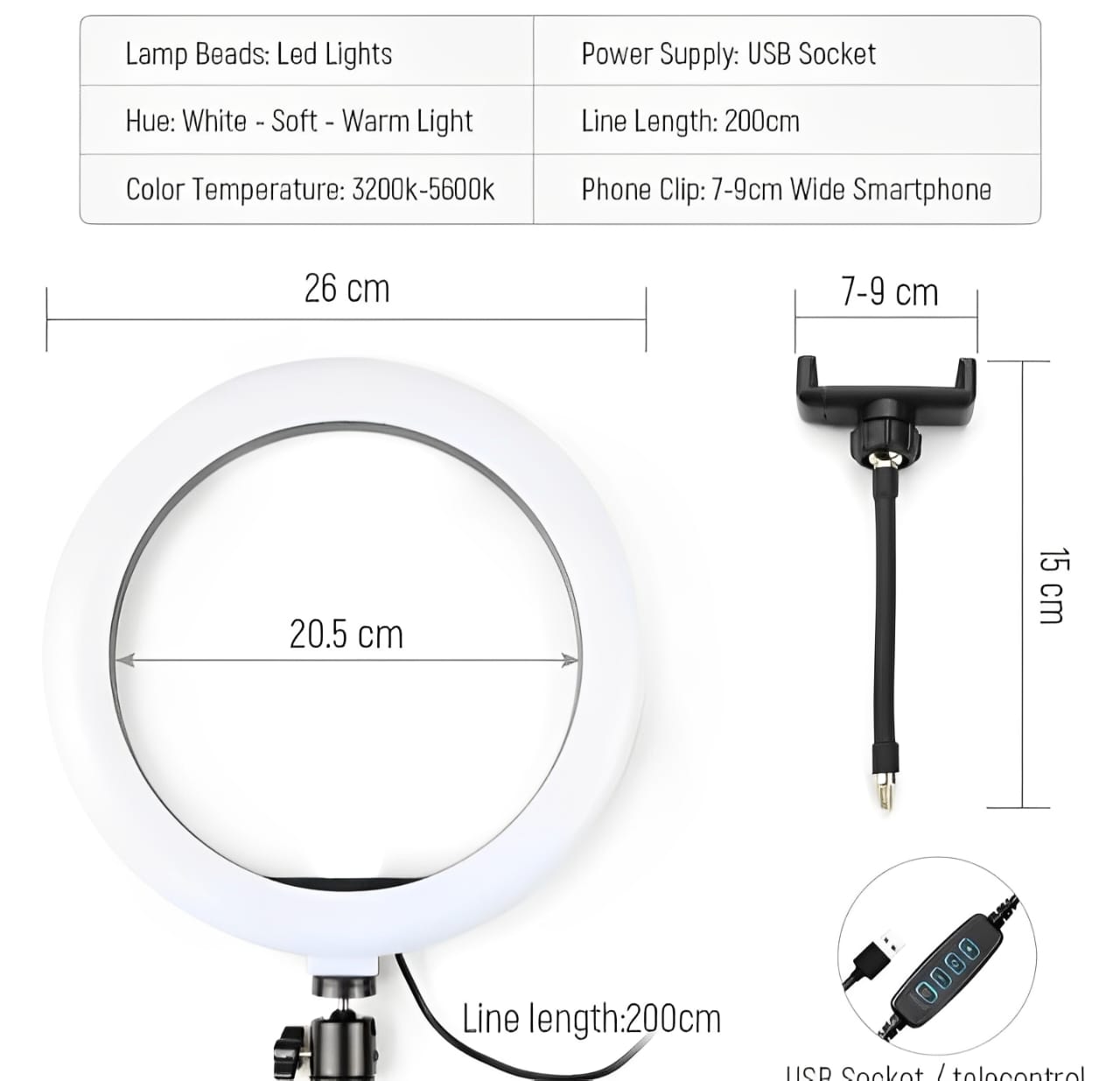 26CM LED Ring Light with Mobile Holder, 7ft Tripod Stand, 3 Light