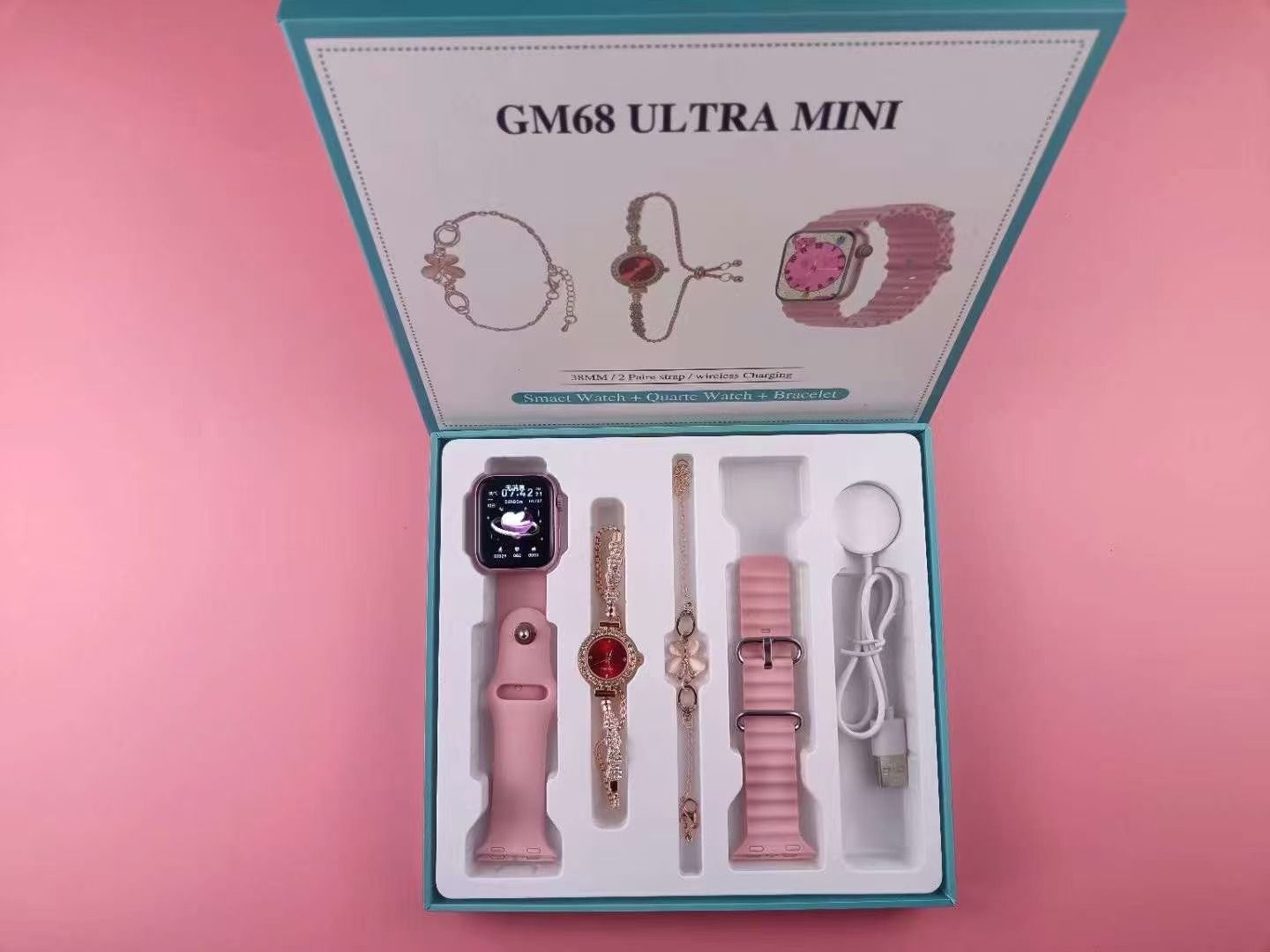GM68 Ultra Mini Smartwatch + Quartz Bracelet Watch Combo | Wireless Charging