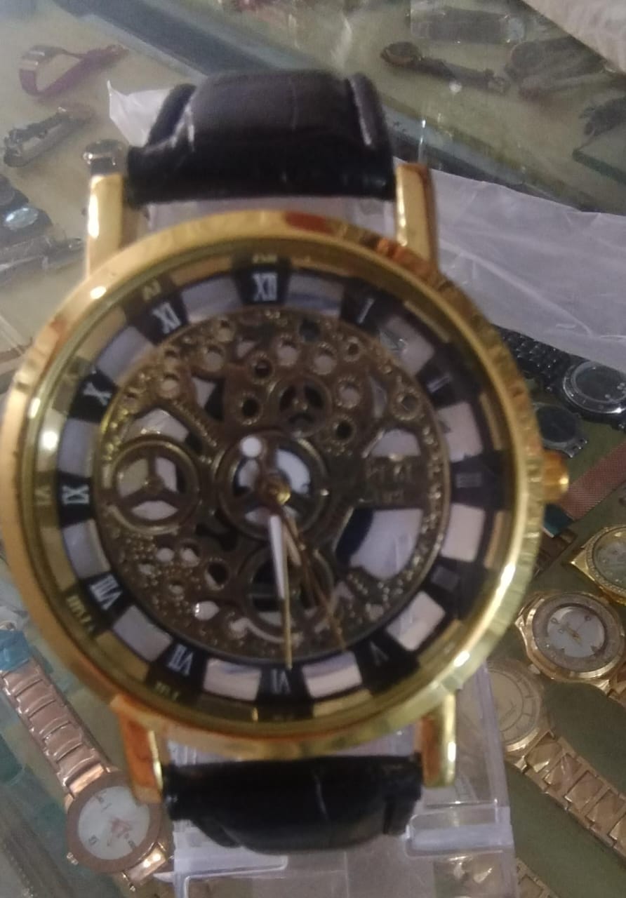 Stylish Leather Watch with Gold-Tone Stainless Dial & Black Strap Without Box