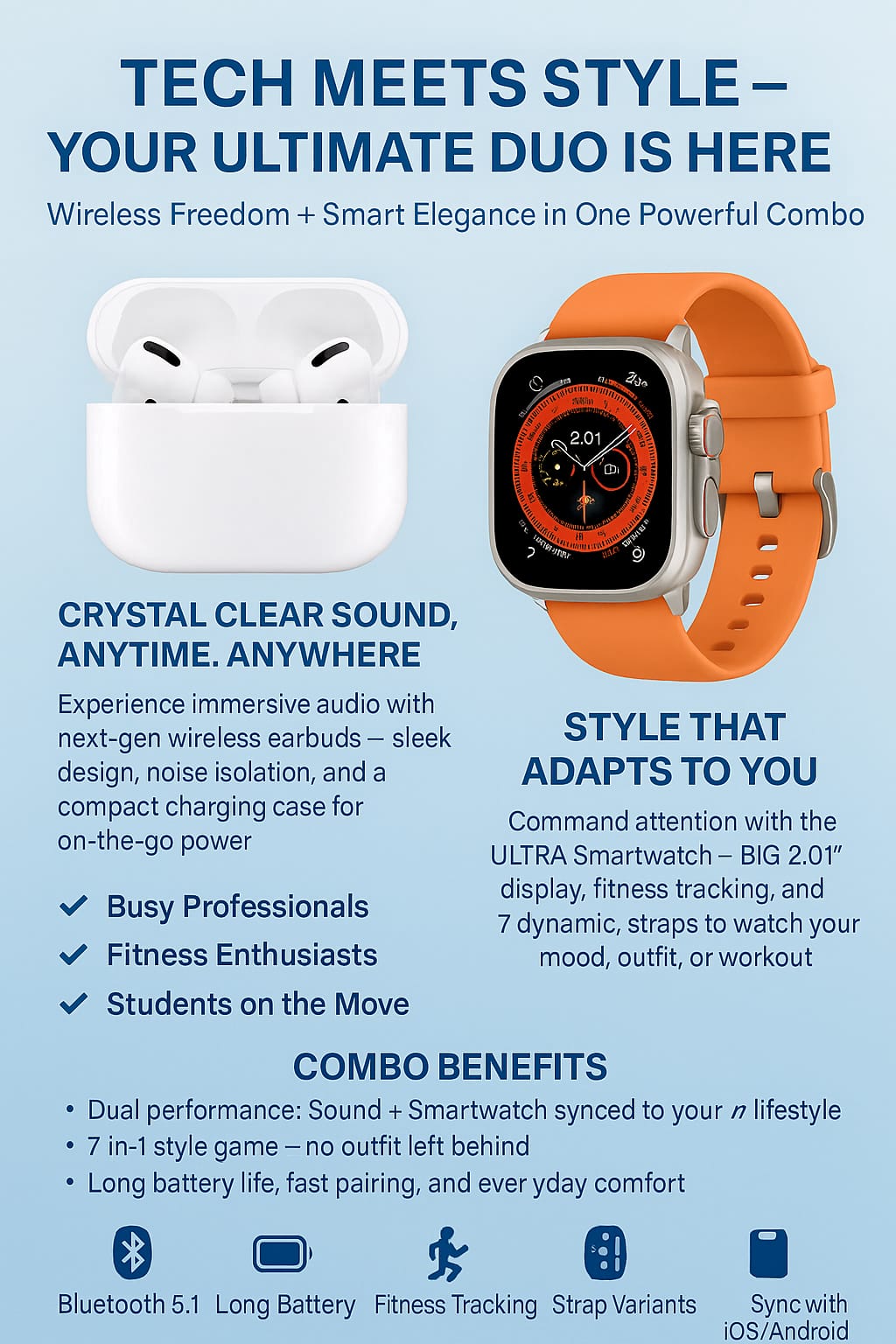 AirPods Pro 2 + Ultra 7-in-1 Smartwatch Combo | Premium Sound &