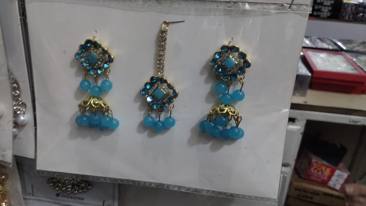 Artificial Jhumkay & Bindya Set with Blue Stones Ethnic Jewelry for