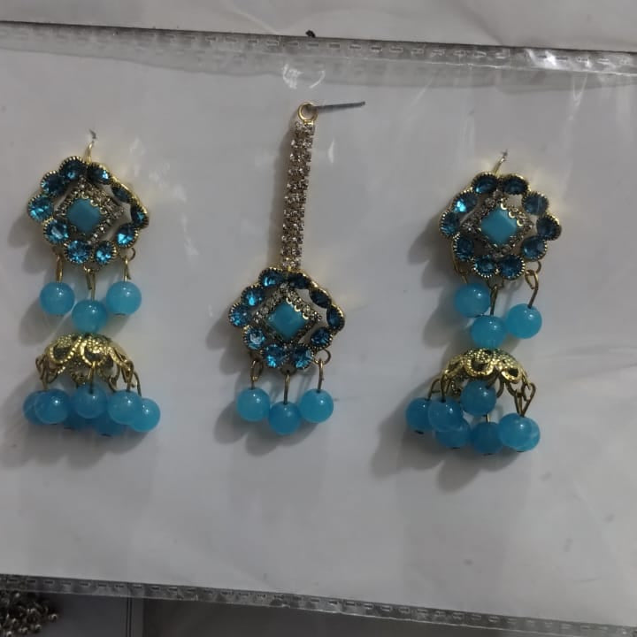 Artificial Jhumkay & Bindya Set with Blue Stones Ethnic Jewelry for