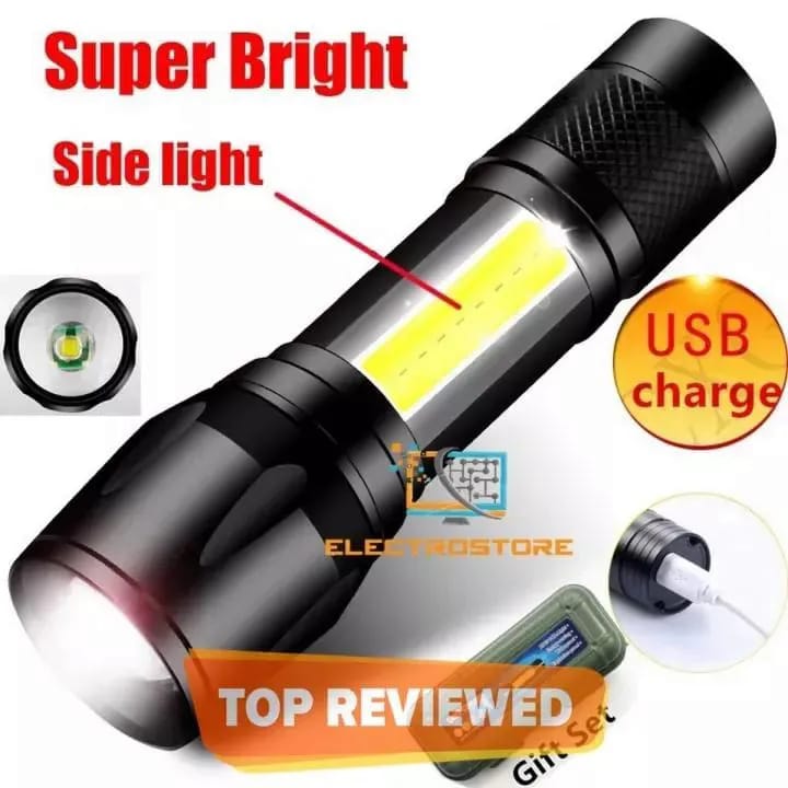 Super Bright USB Rechargeable Plastic Flashlight with Side Light Compact, Durable