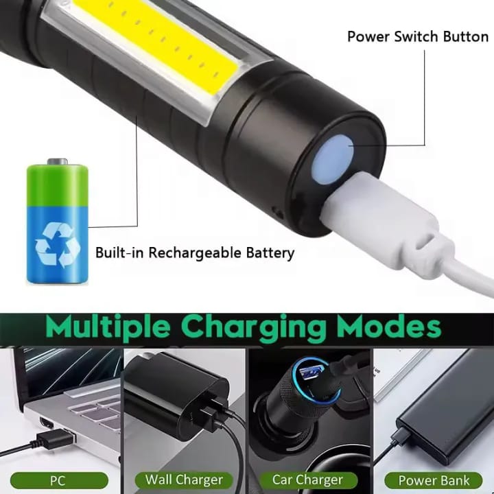 Super Bright USB Rechargeable Plastic Flashlight with Side Light Compact, Durable