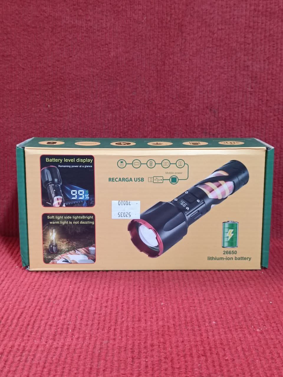 Long Range LED Rechargeable Flashlight 26650 Battery, Power Bank Function, Battery