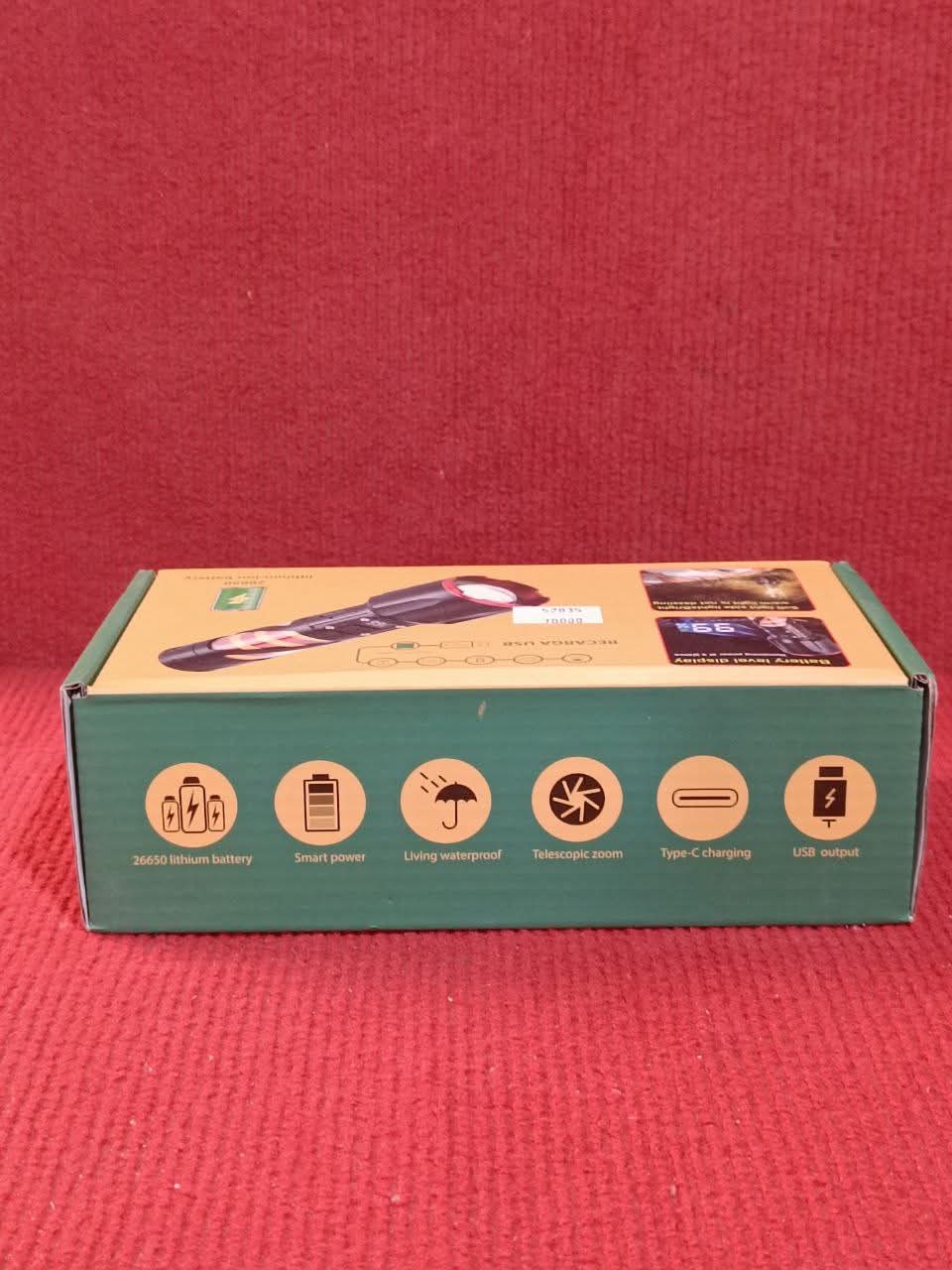 Long Range LED Rechargeable Flashlight 26650 Battery, Power Bank Function, Battery