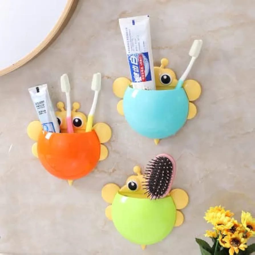 Bee Shaped Plastic Toothbrush Holder with Suction Hook Cute Wall Mounted