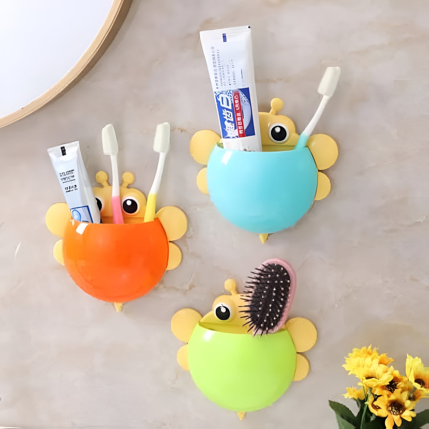Bee Shaped Plastic Toothbrush Holder with Suction Hook Cute Wall Mounted