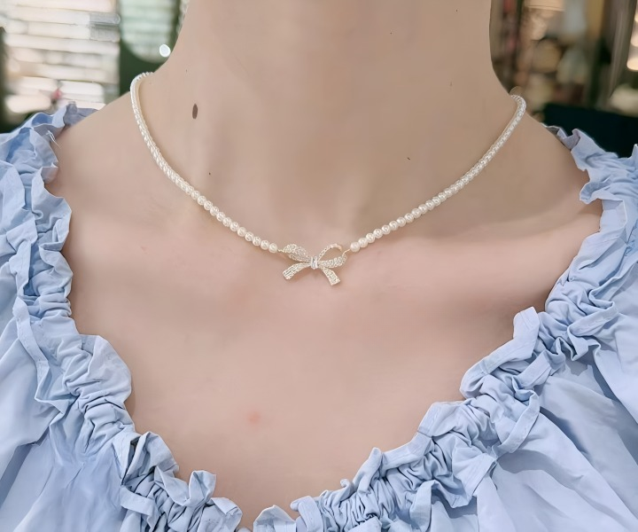 PQT-992 - Bow Shape Pearl Pendant Necklace for Women Dainty Jewelry