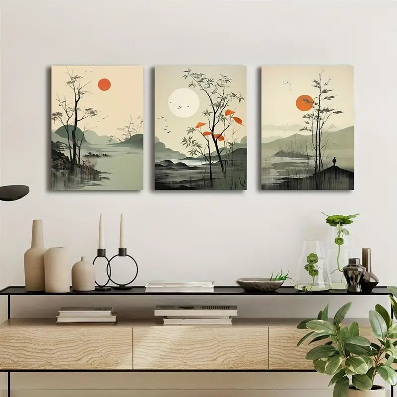 3pcs Wall Art Set - Modern Classic Style Painted Scenes, Wood MDF