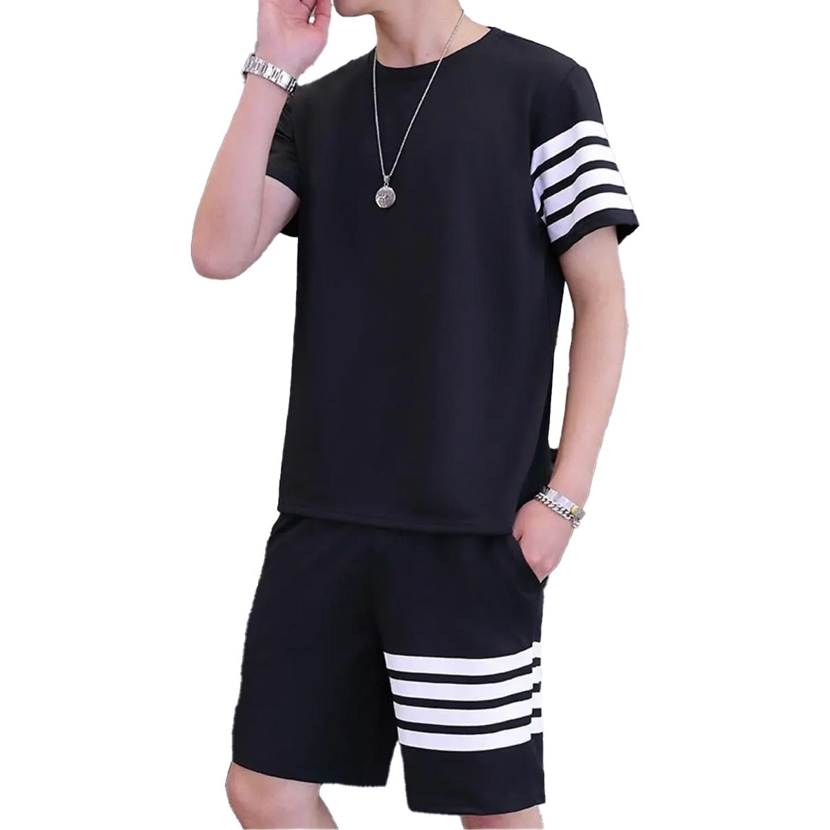 Black Color Trendy LINE Printed Tracksuit for Men | Cotton T-Shirt &