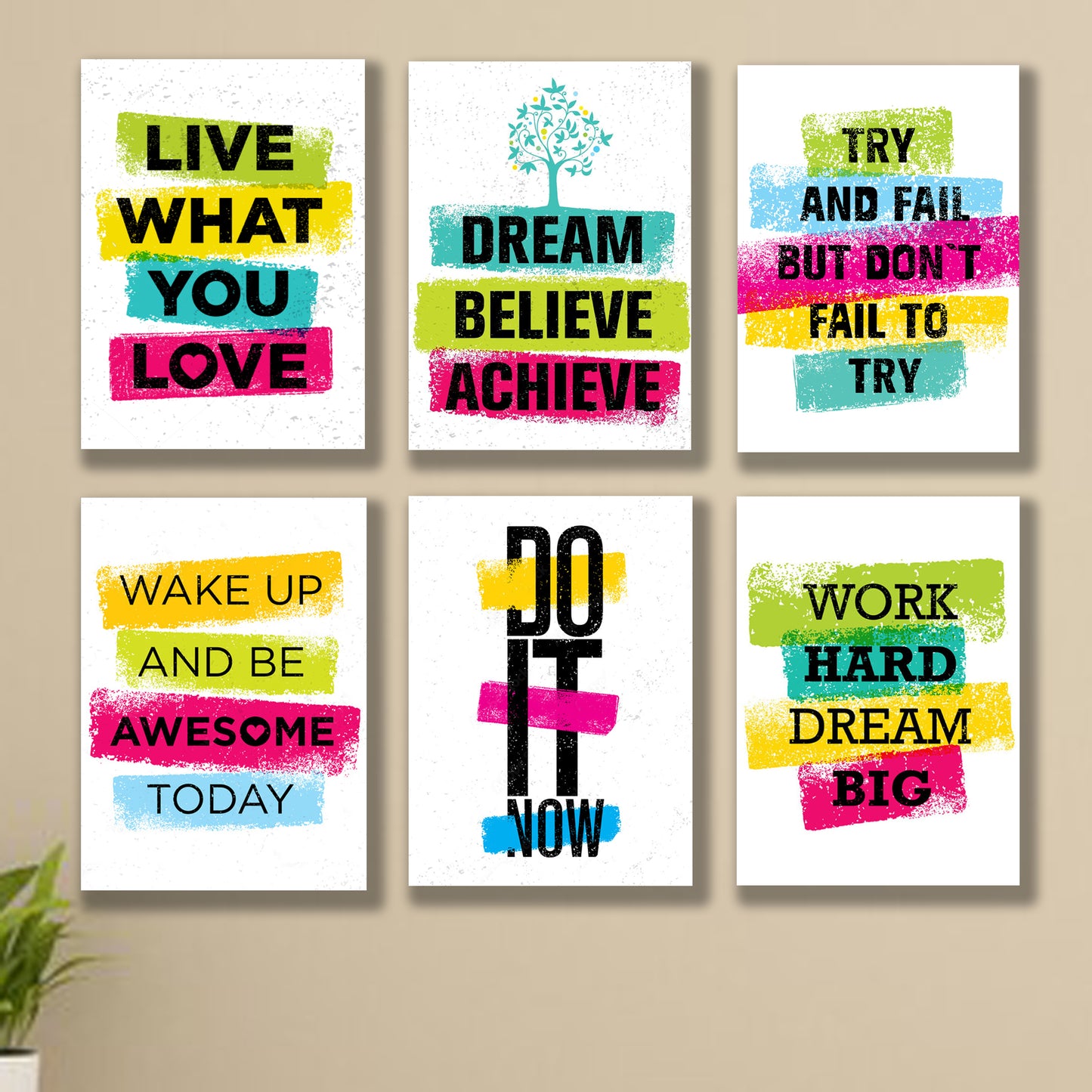set of 6 Motivational sticky canvas frames for wall decore / sticky