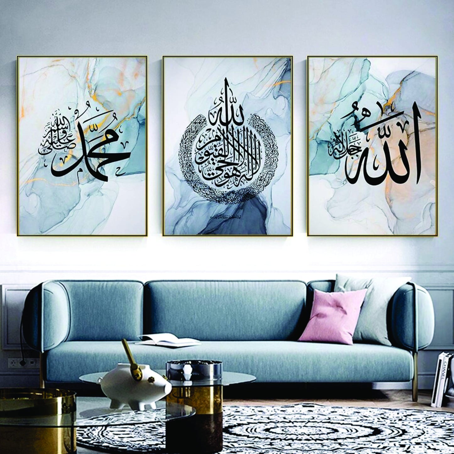 3 Marble Blue Islamic Wall Art Modern Arabic Calligraphy- Islamic Wall Decor