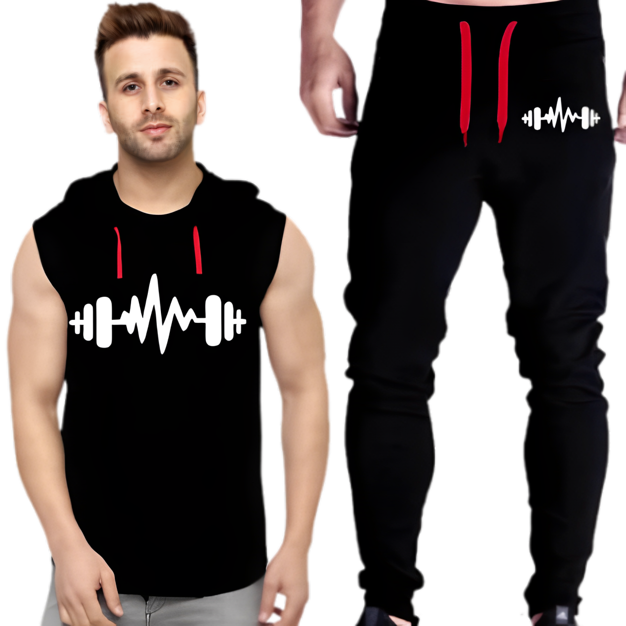 Black Vinyl Dumble Printed Gym Summer Hooded Sleeveless Tracksuit for Mens (Hooded