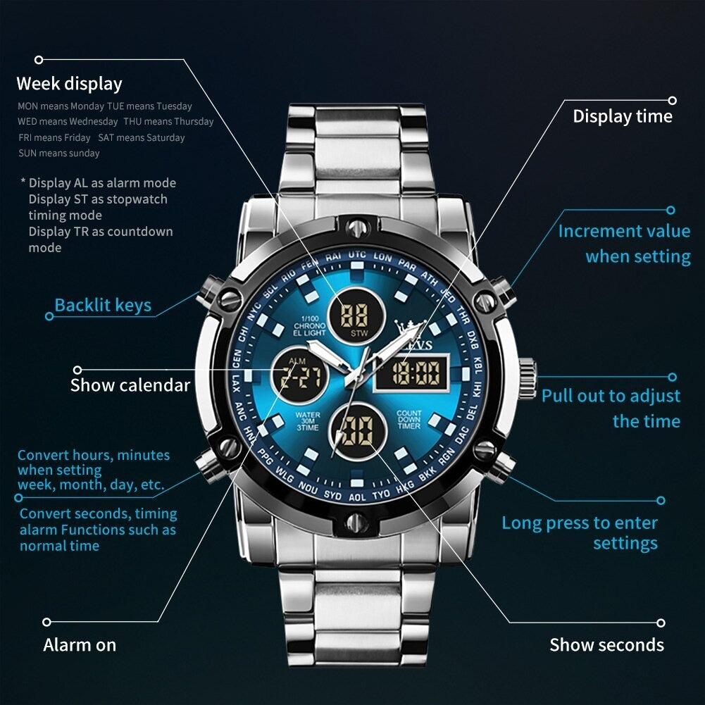 Skemie 1389 Men’s Digital Analog Watch Waterproof Digital Chronograph LED Multi-Time Business