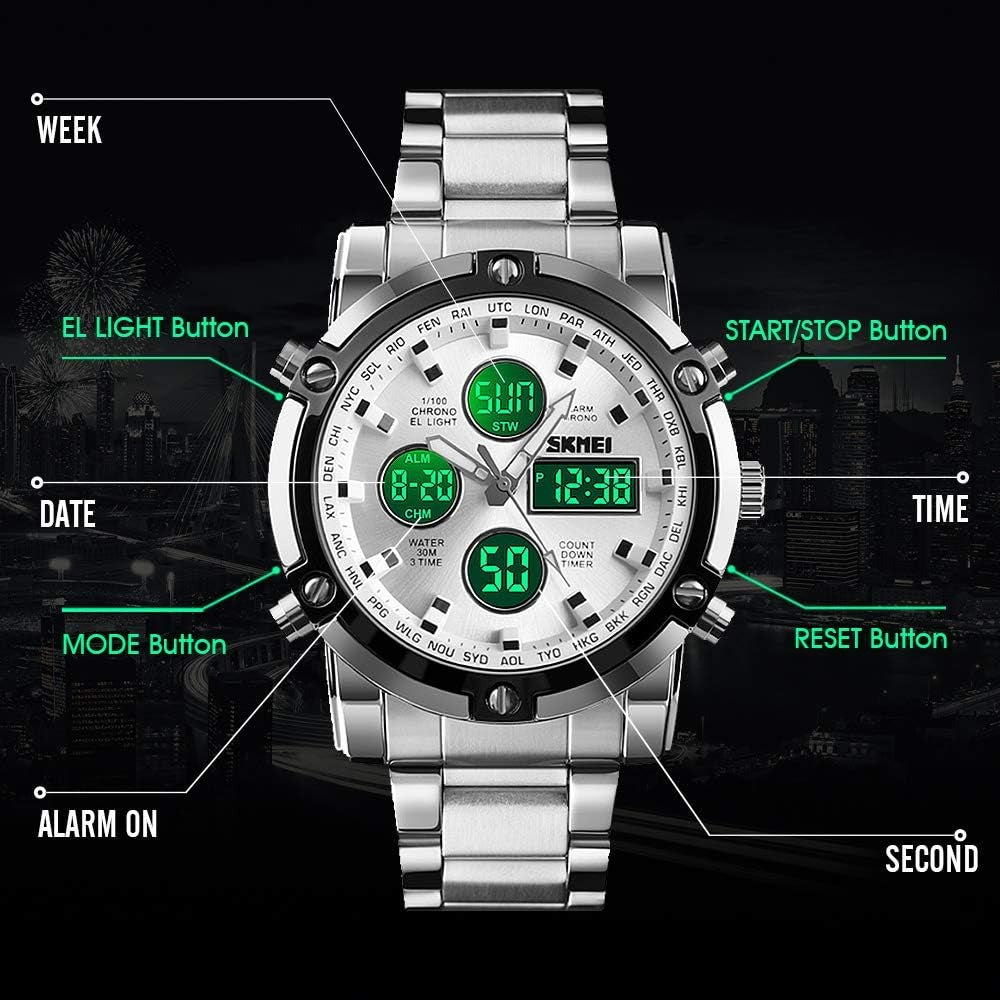 Skemie 1389 Men’s Digital Analog Watch Waterproof Digital Chronograph LED Multi-Time Business