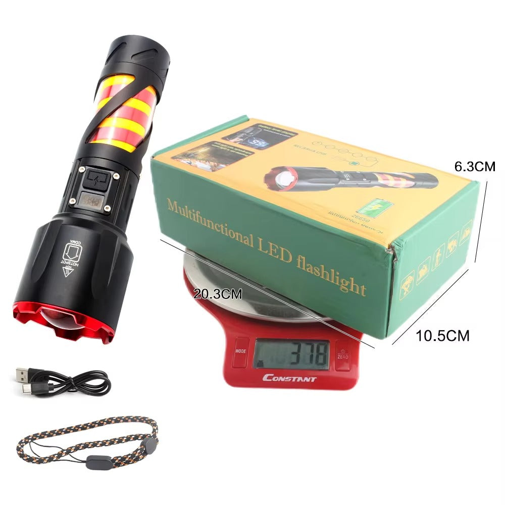 Long Range LED Rechargeable Flashlight 26650 Battery, Power Bank Function, Battery