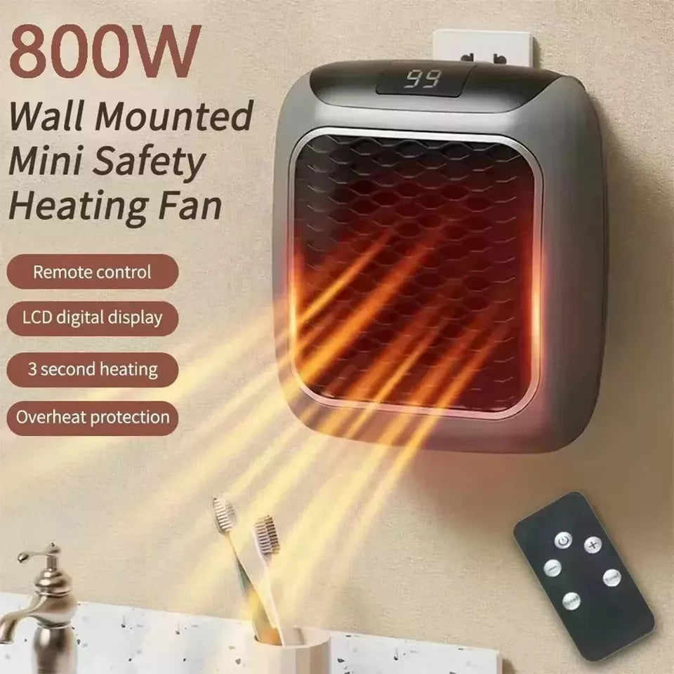 800W Space Heater Digital Electric Heater Wall Outlet Plug Small Fan Home