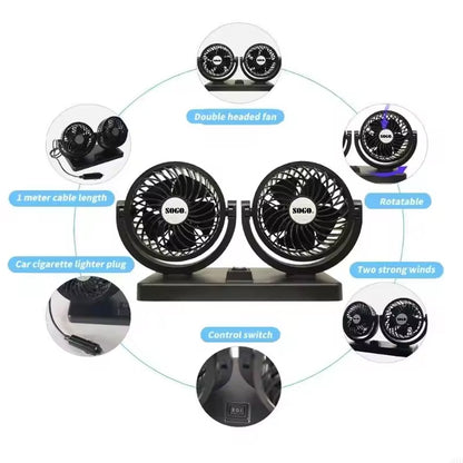 Car Fan Dual Head 4-Inch 12V/24V 360° Rotating Low Noise Cooling