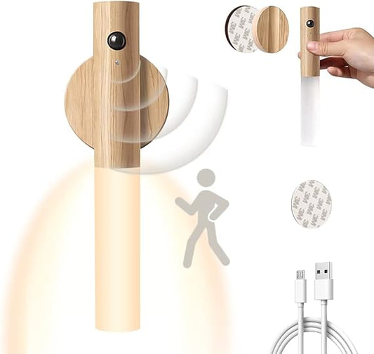 LED Wood Night Light PIR Motion Sensor Magnetic Wall Lamp USB Rechargeable