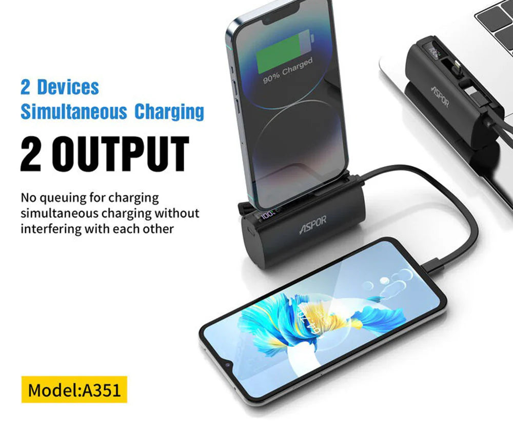 Aspor A351 2in1 Iphone &amp; Type-C Flexible Portable Mini 5000mah Power Bank