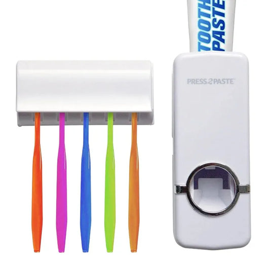 Toothpaste Dispenser With 5 Brush Holder Wall Mounted Automatic Hands Free Toothpaste