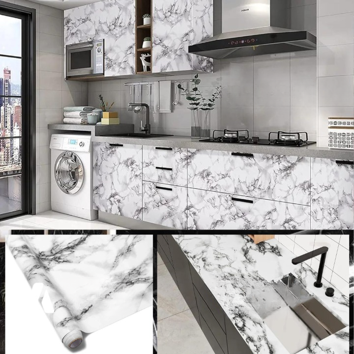 Self Adhesive White Marble Sheet Sticker For Kitchen, Cupboard, Wall Anti