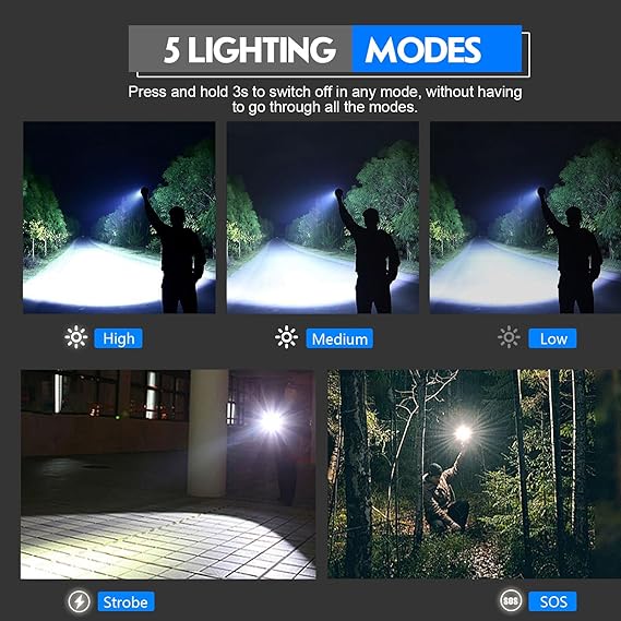 Portable LED flashlight, 3 light intensity modes, USB,