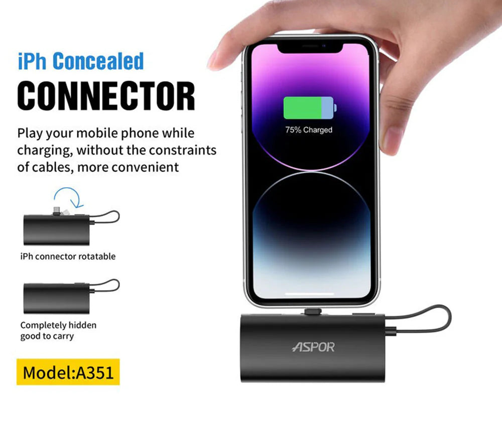 Aspor A351 2in1 Iphone &amp; Type-C Flexible Portable Mini 5000mah Power Bank