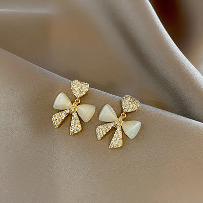Heart Bow Zircon Korean Earring for Women(Golden)