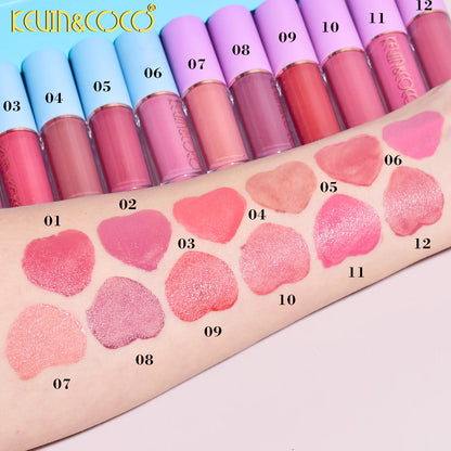 Set 12 Lip Gloss Kevin&amp;Coco, nuante de rosu si rose, cutie dreptunghiulara,